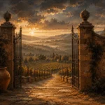 Tuscan Umber Tuscany Wall Art featuring ancient vineyard gate opening onto distant fields for refined interiors
