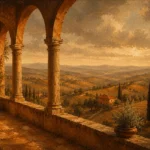 Tuscan Umber Tuscany Wall Art featuring sunlit loggia overlooking layered clay-colored hills for refined interiors