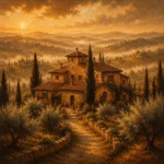 Tuscan Umber Tuscany Wall Art featuring weathered farmhouse surrounded by olive terraces for refined interiors