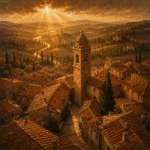 Tuscan Umber Tuscany Wall Art featuring solitary bell tower rising above ochre rooftops for refined interiors