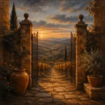 Tuscan Umber Tuscany Wall Art featuring ancient vineyard gate opening onto distant fields for refined interiors