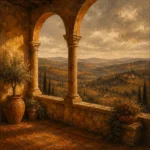 Tuscan Umber Tuscany Wall Art featuring sunlit loggia overlooking layered clay-colored hills for refined interiors