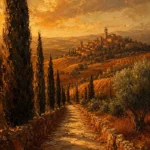 Tuscan Umber Tuscany Wall Art featuring cypress-lined stone road winding toward a hill town for refined interiors