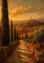 Tuscan Umber Tuscany Wall Art featuring cypress-lined stone road winding toward a hill town for refined interiors