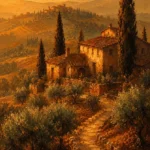 Tuscan Umber Tuscany Wall Art featuring weathered farmhouse surrounded by olive terraces for refined interiors