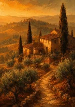 Tuscan Umber Tuscany Wall Art featuring weathered farmhouse surrounded by olive terraces for refined interiors
