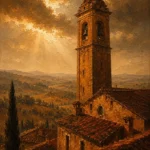 Tuscan Umber Tuscany Wall Art featuring solitary bell tower rising above ochre rooftops for refined interiors