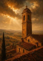 Tuscan Umber Tuscany Wall Art featuring solitary bell tower rising above ochre rooftops for refined interiors