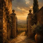 Tuscan Umber Tuscany Wall Art featuring ancient vineyard gate opening onto distant fields for refined interiors