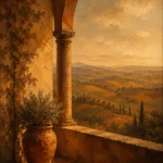 Tuscan Umber Tuscany Wall Art featuring sunlit loggia overlooking layered clay-colored hills for refined interiors