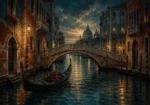 Venetian Lagoon Venice Wall Art featuring empty gondola beneath a carved stone bridge for refined interiors
