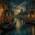 Venetian Lagoon Venice Wall Art featuring empty gondola beneath a carved stone bridge for refined interiors