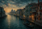 Venetian Lagoon Venice Wall Art featuring narrow canal framed by faded palazzo facades for refined interiors