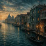Venetian Lagoon Venice Wall Art featuring narrow canal framed by faded palazzo facades for refined interiors