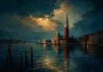 Venetian Lagoon Venice Wall Art featuring solitary campanile reflected in dark lagoon water for refined interiors