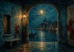 Venetian Lagoon Venice Wall Art featuring arched passage opening toward a moonlit canal for refined interiors
