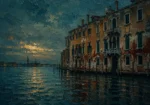 Venetian Lagoon Venice Wall Art featuring row of shuttered windows above rippling water for refined interiors