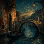 Venetian Lagoon Venice Wall Art featuring empty gondola beneath a carved stone bridge for refined interiors