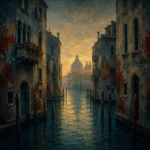 Venetian Lagoon Venice Wall Art featuring narrow canal framed by faded palazzo facades for refined interiors