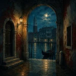 Venetian Lagoon Venice Wall Art featuring arched passage opening toward a moonlit canal for refined interiors