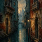 Venetian Lagoon Venice Wall Art featuring narrow canal framed by faded palazzo facades for refined interiors