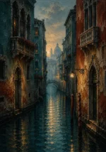 Venetian Lagoon Venice Wall Art featuring narrow canal framed by faded palazzo facades for refined interiors