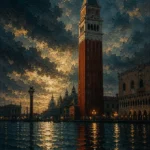 Venetian Lagoon Venice Wall Art featuring solitary campanile reflected in dark lagoon water for refined interiors