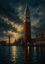 Venetian Lagoon Venice Wall Art featuring solitary campanile reflected in dark lagoon water for refined interiors