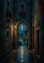 Venetian Lagoon Venice Wall Art featuring arched passage opening toward a moonlit canal for refined interiors