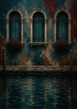 Venetian Lagoon Venice Wall Art featuring row of shuttered windows above rippling water for refined interiors