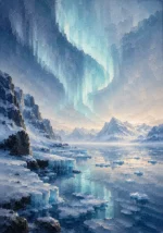 Arctic Pearl Arctic Wall Art featuring frozen shoreline under a ribbon of aurora for refined interiors