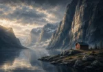 Fjord Slate Norwegian Fjord Wall Art featuring solitary red cabin beneath sheer mountain walls for refined interiors