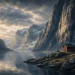 Fjord Slate Norwegian Fjord Wall Art featuring solitary red cabin beneath sheer mountain walls for refined interiors