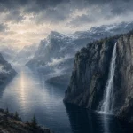 Fjord Slate Norwegian Fjord Wall Art featuring narrow waterfall descending into dark water for refined interiors