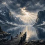 Fjord Slate Norwegian Fjord Wall Art featuring wooden jetty reaching toward a misted fjord for refined interiors
