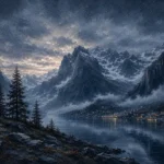 Fjord Slate Norwegian Fjord Wall Art featuring distant village beneath snow-lined peaks for refined interiors
