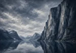 Fjord Slate Norwegian Fjord Wall Art featuring steep cliff mirrored in glasslike water for refined interiors