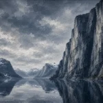 Fjord Slate Norwegian Fjord Wall Art featuring steep cliff mirrored in glasslike water for refined interiors
