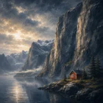 Fjord Slate Norwegian Fjord Wall Art featuring solitary red cabin beneath sheer mountain walls for refined interiors