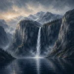 Fjord Slate Norwegian Fjord Wall Art featuring narrow waterfall descending into dark water for refined interiors