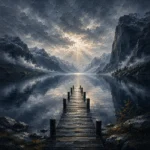 Fjord Slate Norwegian Fjord Wall Art featuring wooden jetty reaching toward a misted fjord for refined interiors