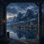 Fjord Slate Norwegian Fjord Wall Art featuring distant village beneath snow-lined peaks for refined interiors