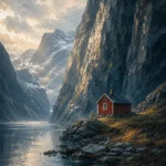 Fjord Slate Norwegian Fjord Wall Art featuring solitary red cabin beneath sheer mountain walls for refined interiors