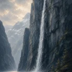 Fjord Slate Norwegian Fjord Wall Art featuring narrow waterfall descending into dark water for refined interiors