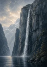 Fjord Slate Norwegian Fjord Wall Art featuring narrow waterfall descending into dark water for refined interiors