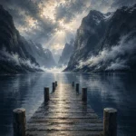 Fjord Slate Norwegian Fjord Wall Art featuring wooden jetty reaching toward a misted fjord for refined interiors