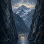 Fjord Slate Norwegian Fjord Wall Art featuring distant village beneath snow-lined peaks for refined interiors