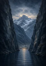 Fjord Slate Norwegian Fjord Wall Art featuring distant village beneath snow-lined peaks for refined interiors