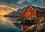 Harbor Rust Nordic Coastal Wall Art featuring rust-red boathouse reflected in sheltered water for refined interiors
