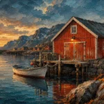 Harbor Rust Nordic Coastal Wall Art featuring rust-red boathouse reflected in sheltered water for refined interiors